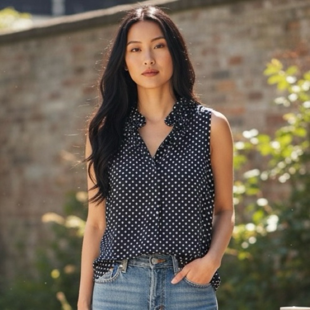 J. Crew Navy Polka Dot Sleeveless Blouse